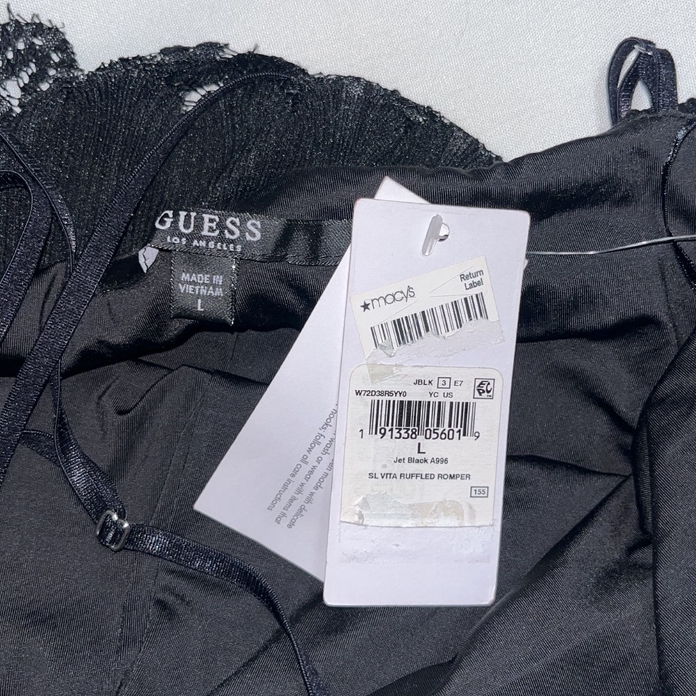 GUESS Romper Vita Mixed Lace Ruffled Overlay Romper Black LARGE - Picture 10 of 10